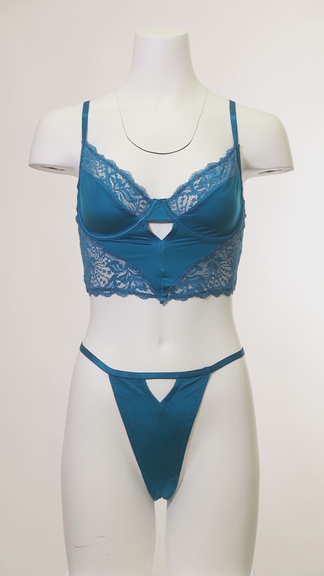 Mannequin wearing the Liv Longline Bra Set with satin and lace longline bra and matching G-string.