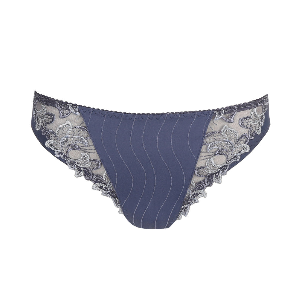 Blue women's underwear with lace detailing on a white background
