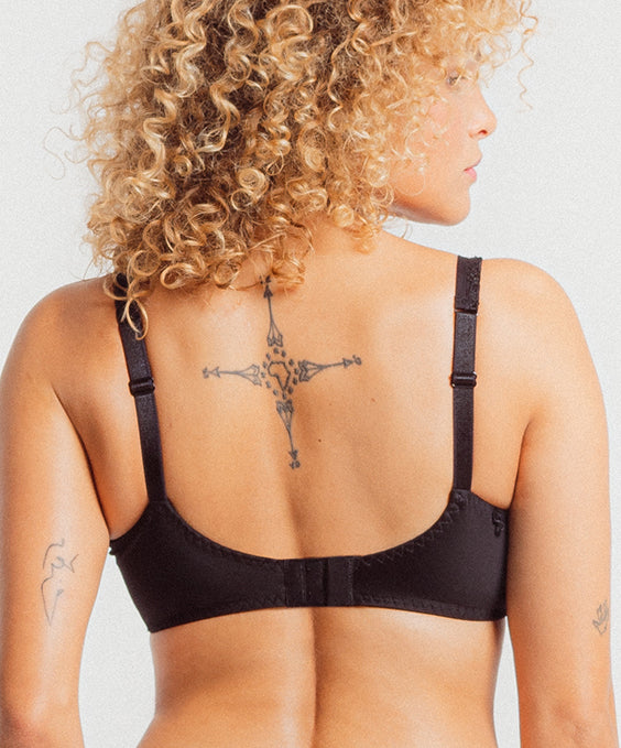 Person wearing a black bra with a plain background